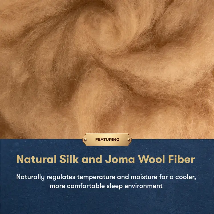 Close-up of fluffy natural silk and Joma wool fibers in warm tan and brown tones, with a dark blue banner at the bottom containing text about temperature and moisture regulation for sleep.