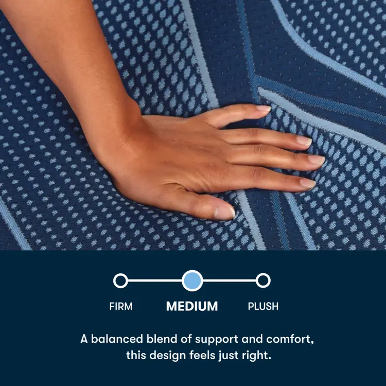 Hand on a textured blue Serta iSeries NXG mattress surface with text indicating support and comfort levels.