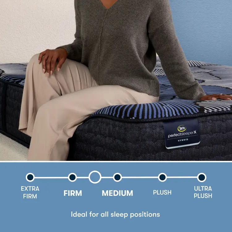 Perfect Sleeper X Hybrid Prescot Medium Firm comfort scale with a woman sitting on the left side of the mattress || feel: Medium Firm || level: Level 2