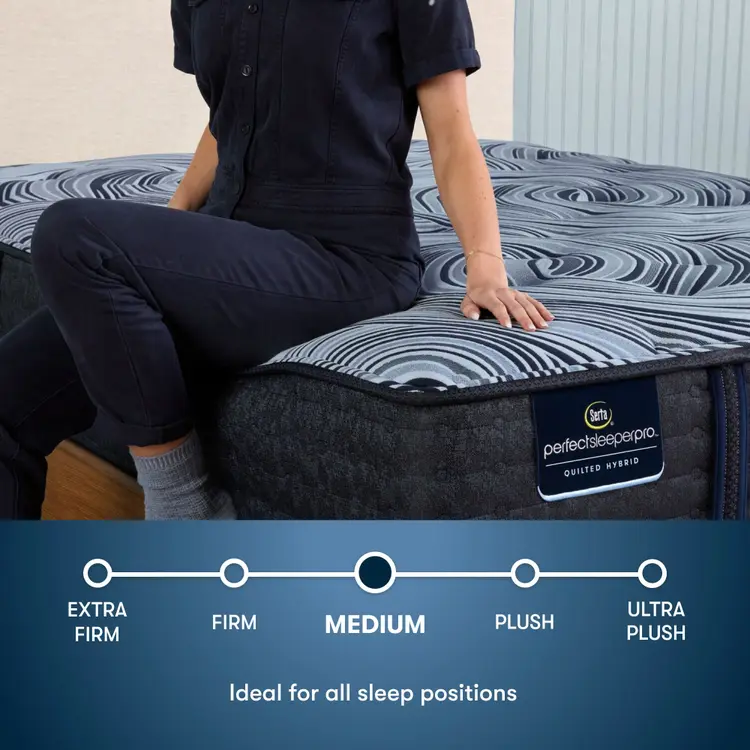 Perfect Sleeper Pro New Paris Medium Mattress comfort scale with a woman pictured sitting on left side of the bed || Level: Level 3 || Feel: Medium